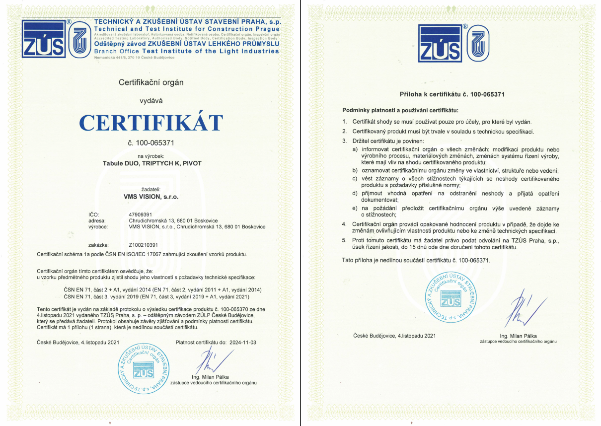 Certifikát ČSN EN 71: Bezpečnost hraček - DUO, TRIPTYCH K, PIVOT.
