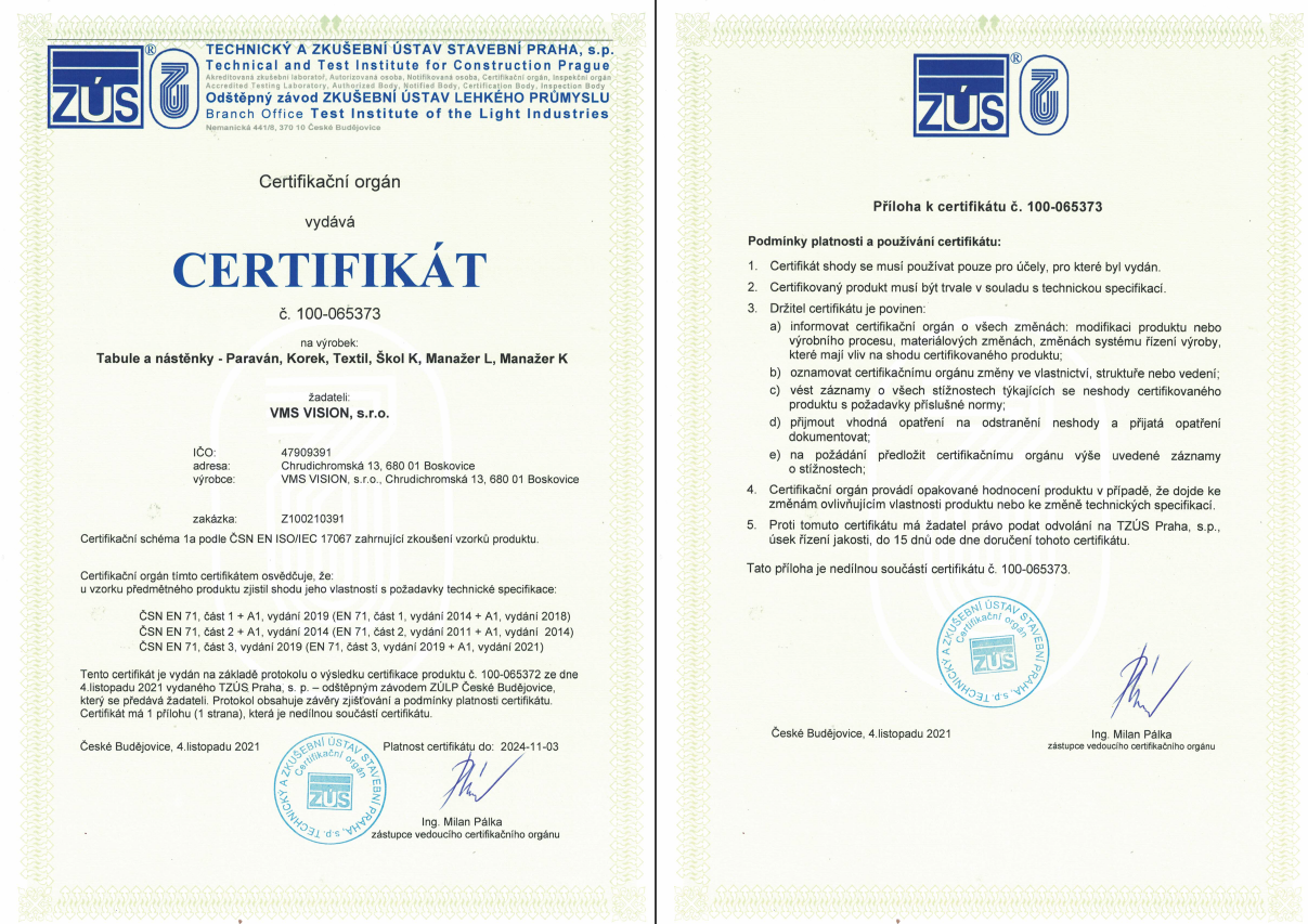 Certifikát ČSN EN 71: Bezpečnost hraček - Tabule a nástěnky (Paraván, Korek, Textil, Škol K, Manažer L, Manažer K).